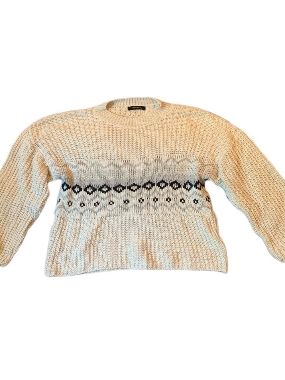 Trendyol Cream Crewneck Sweater with Black Fair Isle Band